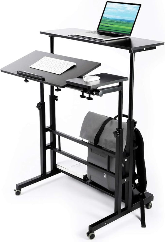 Portable Standing Desk Small Standing Desk with Wheels Standing Laptop Desk Mobile Standing Desk for Home Office Adjustable Standing Desk Stand Up Computer Desk Rolling Laptop Cart Black