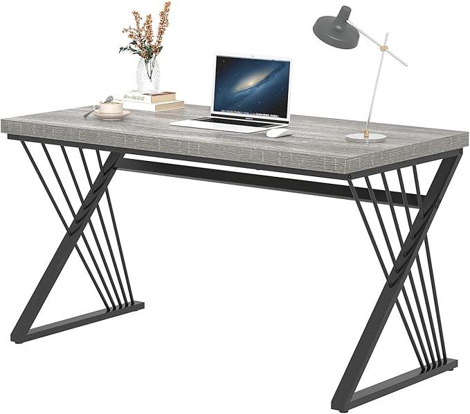 FOLUBAN Modern Desks Rustic Wood and Metal Computer Desk for Home Office Simple Study Writing Work PC Table for Bedroom Living Room Light Grey 47 Inch
