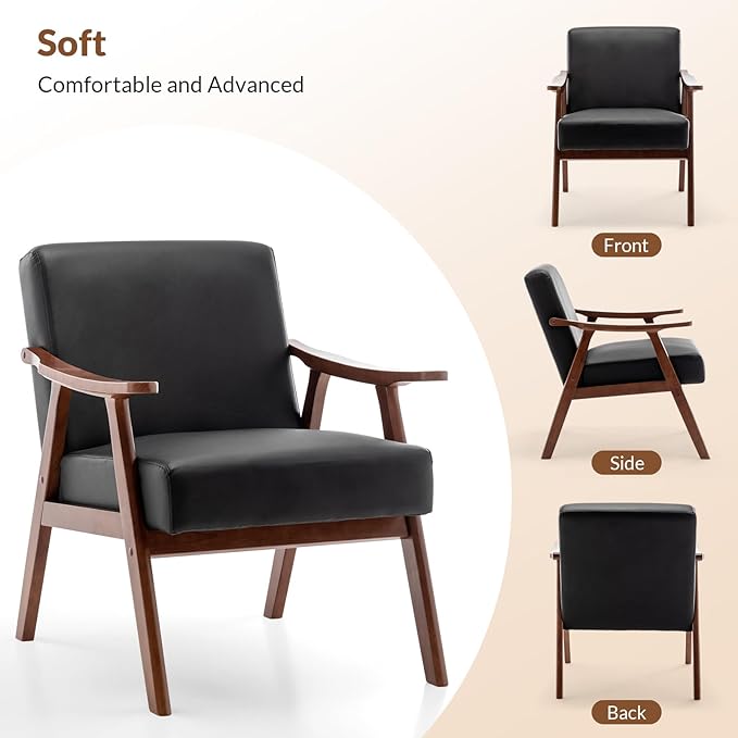 Rovibek PU Leather Accent Chair with Arms - Mid Century Modern Accent Chairs with Wood Frame Upholstered Arm Chairs with 5.9in Thick Foam Black Occasional Chair