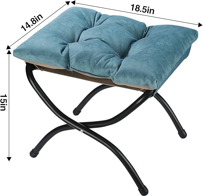 15 Foldable Foot Stool Ottoman with Metal Frame - Washable Blue Upholstered Indoor/Outdoor Footrest for Living Room Bedroom Patio - Space-Saving Compact Design