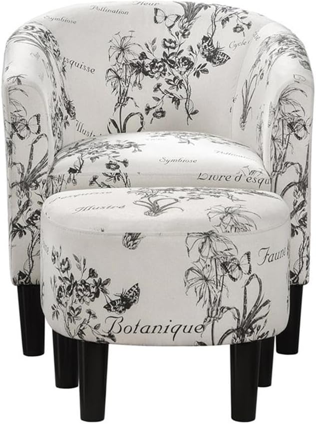 Pemberly Row Accent Chair with Ottoman White Polyester Fabric with Black Botanical Print High-Density Foam Cushions Solid Rubberwood Legs Barrel Design for Living Room or Small Space Use