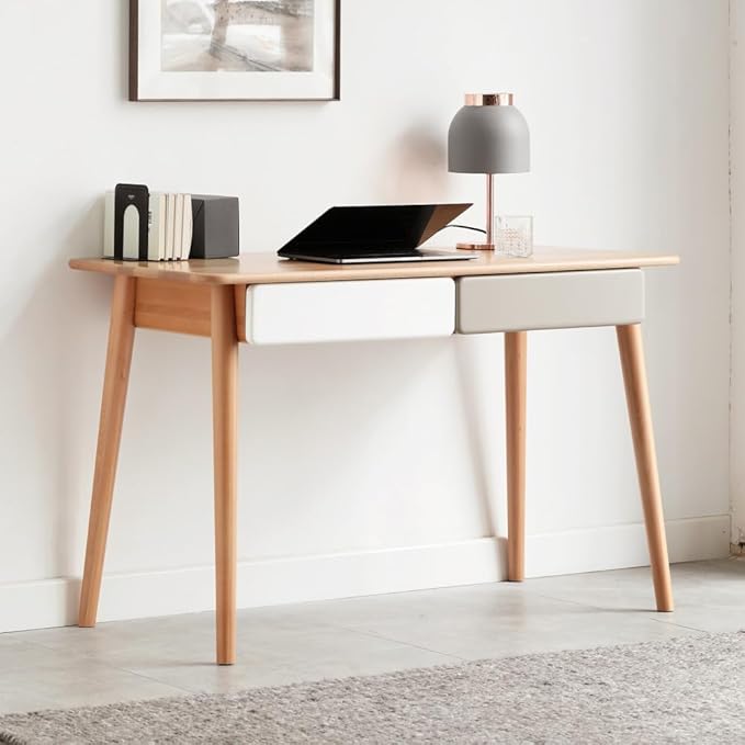 Solid Wood Computer Desk - 47'' Large Size Office Desk with 2 Drawers Modern Simple Style PC Table with Gap Design for Home Office Work Student Study Makeup Workstation (Beech)