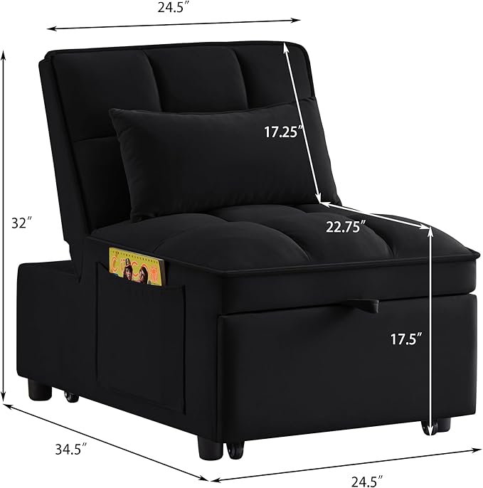 4 in1 Multi-Function Single Sofa Bed with Storage PocketsTufted Single Pull-Out Sofa Bed with Adjustable Backrest and PillowsConvertible Chaise Loungefor Small Room Apartment (Black)