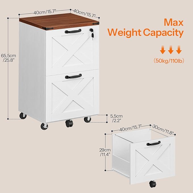 HOOBRO 2 Drawer File Cabinet with Lock Under Desk Mobile Filing Cabinet for Home Office Wooden Farmhouse Office Storage Cabinet Printer Stand Fits Letter and A4 Size Walnut and White WH66WJ01