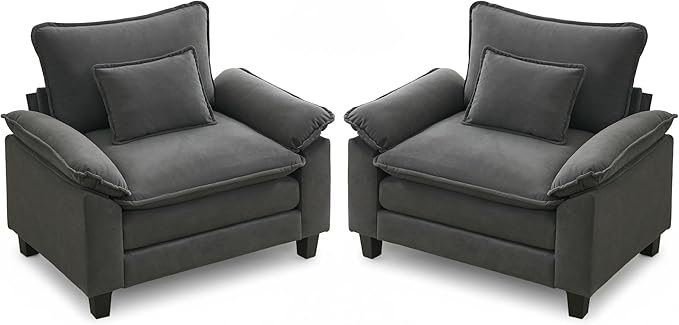 URRED Cloud Couch Accent Chair with Ottoman Oversized Velvet Armchair with Deep Wide Seat and Upholstered Armrests – Modern Lounge Chair for Bedroom or Living Room (Dark Gray 2 Chairs)