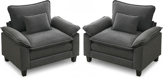 URRED Cloud Couch Accent Chair with Ottoman Oversized Velvet Armchair with Deep Wide Seat and Upholstered Armrests – Modern Lounge Chair for Bedroom or Living Room (Dark Gray 2 Chairs)