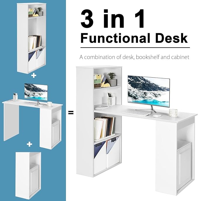 LDAILY Computer Desk with Bookshelf 48” Modern Office Desk w/ 6-Tier Storage Shelves CPU Stand Wider Base 3-in-1 Reversible Study Table Writing Desk for Home Office Bedroom Study Room (White)