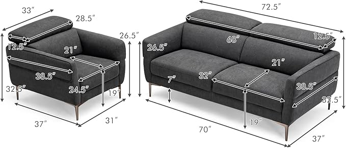 Giantex Sofa Couch and Accent Chairs Set Adjustable Headrest Comfortable Upholstery Cushion Easy Assembly 2-Seat Loveseat and Single Sofa for Living Room Reception Room Apartment Gray
