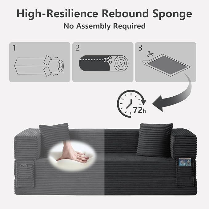 GNIXUU 78.7 Boneless Convertible Sleeper Sofa Bed 4-in-1 Folding Corduroy Futon Couch Bed Oversized Loveseat Modular Floor Mattress Couch for Living Room Bedroom Lounge No Assembly Grey
