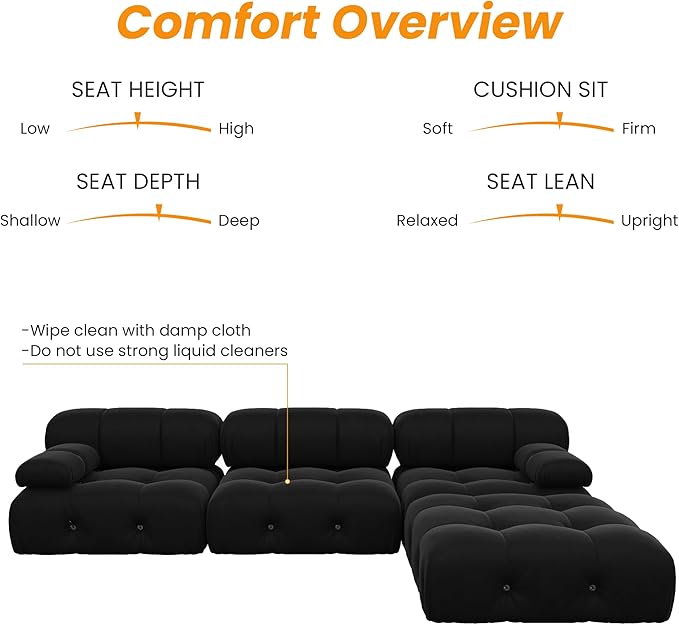 WJShome Modular Sectional Sofa with Ottoman103.95 inch Convertible Sofa Couch with Reversible ChaiseVelvet L Shaped Minimalist Couch for Living Room Modern Large Free CombinationBlack