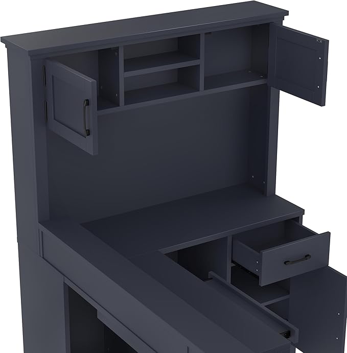 L-Shaped Computer Gaming Desk with Outlet Drawers &amp Bookshelf Modern Corner Study Table for Home Office Bedroom Craft Wood DesksBlue