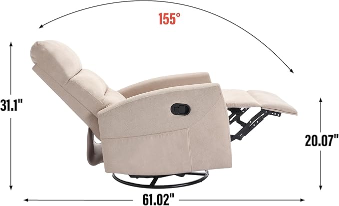 Swivel Rocker Recliner Chair for Adults Rocking Recliner Chair Rocker Nursery Glider ChairRecliners for Small Spaces Manual Recliner Single Sofa for Living Room Nursery (Khaki)