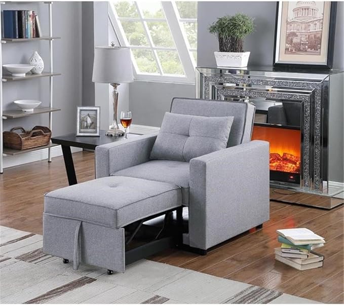 Lilola Home Zoey Light Gray Linen Convertible Sleeper Chair with Side Pocket