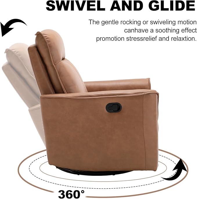 EBELLO Swivel Rocker Glider Chair Nursing Swivel Glider Rocking Recliners with Overstuffed Backrest Faux Leather Manual Reclining Sofa for Living Room Bedroom Apartment Brown