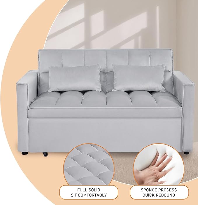 3 in 1 Convertible Sleeper Sofa Futon BedModern Velvet Pull Out Couch Bed with Reclining Backrest&amp2 Pillows54 Full Size Small Love Seat Lounge Couches for Small SpacesLiving Room (Silver grey)