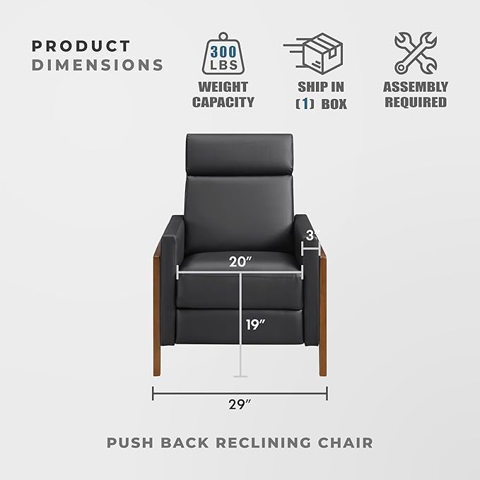 Lexicon Push Back Recliner Chair Faux Leather Upholstered Reclining Chair with Footrest Exposed Dark Brown Finish Wood Frame Small Recliner for Small Space Living Room Bedroom Black