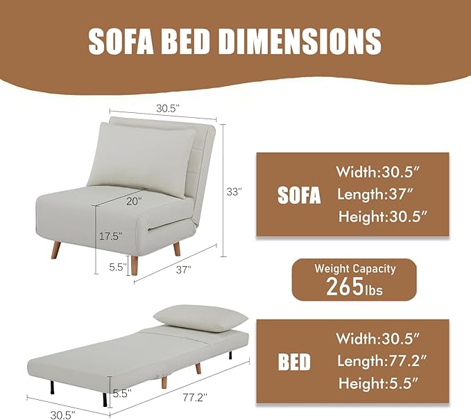3 in 1 Sleeper Chair Bed Foldable Convertible Chair with Thickened Cushion and Sponge OTE Chenille Fabric Adjustable Backrest Upholstered Accent Sofa for Apartment/Bedroom/Office - Beige White