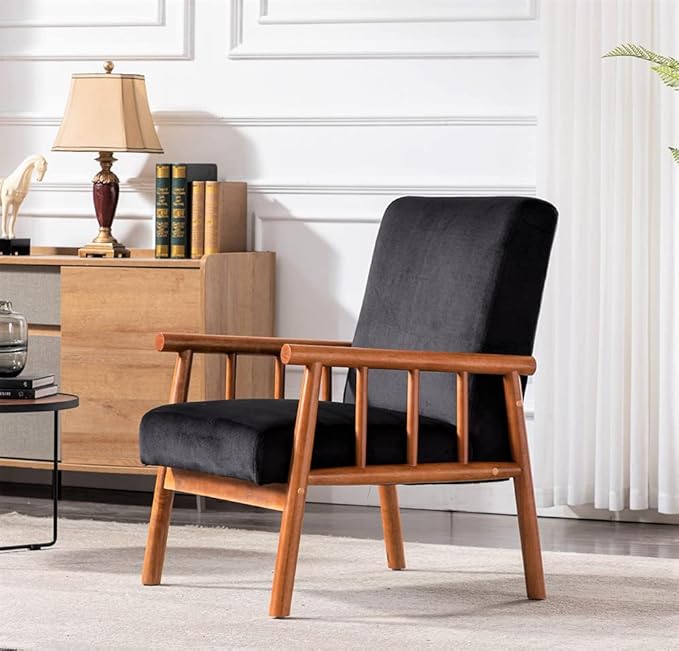 Container Furniture Classic Living Room Mid Century Modern Accent Chair with Unique Open-Framed Arm Design and Solid Wood Frame Velvet Armchair Black