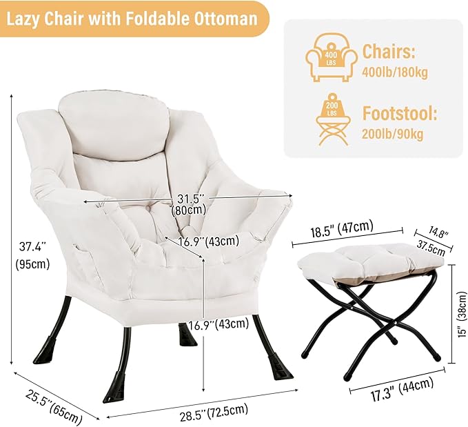 Lazy Chair with Ottoman Modern Accent Chair with Armrests and a Side Pocket Beige Accent Chairs Reading Chairs Oversized Armchairs for Bedroom Study Living Room Courtyard