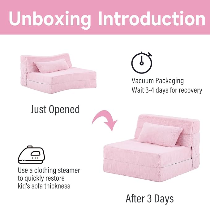 Tiita Convertible Folding Kids Sofa Bed with Pillow &amp Storage Bag Plush Fabric Floor Mattress Couch Bed Washable Cover Kids Room Playroom Dorm Apartment Pink