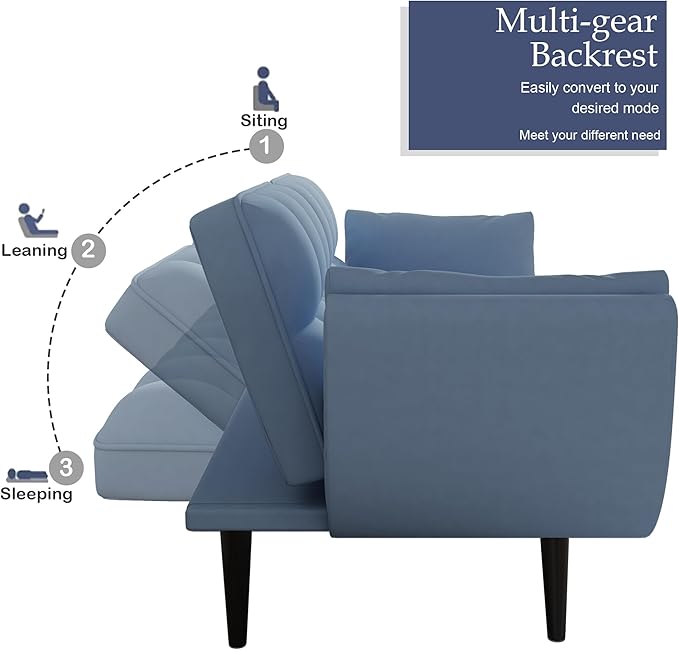 Olela Futon Sofa Bed Convertible Sleeper Couch 74 W Modern Velvet Loveseat with Adjustable Backrests and Solid Wood Legs for Living Room Bedroom Small Space (Light Teal)
