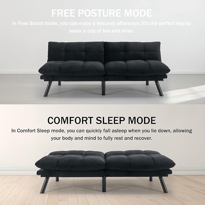 Convertible Futon Double Sofa Bed2 in 1 with Adjustable Backrest Memory Foam Loveseat for Living Room Bedroom Office Apartment Compact Sofa(Black)