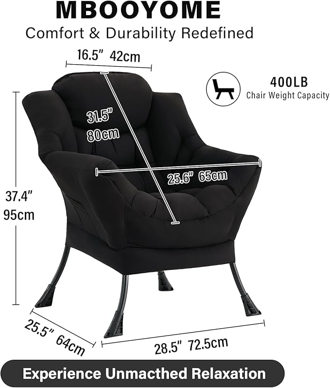 Lazy Chair Modern Soft Reading Chair Accent Contemporary Sofa Chair with Armrests and a Side Pocket for Living Room Bedroom Dorm &amp Office Black