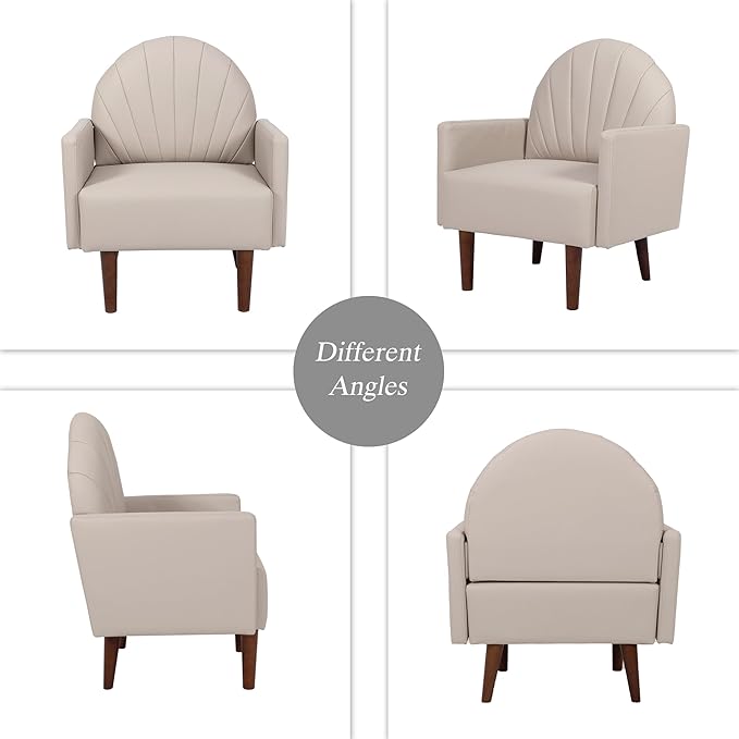 PU Accent Chairs for Living Room with High-Density Foam Cushion Mid-Century Single Sofa Armchair with Solid Wood Legs Upholstered Reading Chair for Bedroom Home Office (Shell Khaki 3 Set)