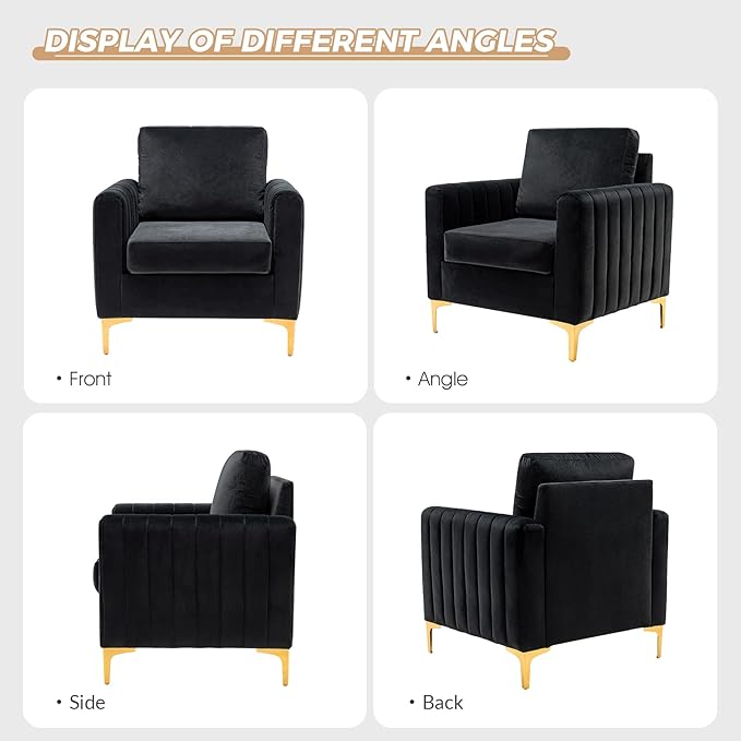 HULALA HOME Velvet Accent Club Chairs Set of 2 Modern Velvet Armchair Upholstered Accent Club Chairs Sofa Chairs with Gold Metal Legs Mid-Century Barrel Leisure Comfy Reading Armchair Black