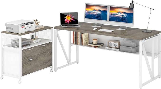 Tribesigns L-Shaped Executive Desk with Reversible File Cabinet 63 Large Office Desk with Drawers and Storage Shelves Business Furniture Workstation for Home Office (Oak Grey)