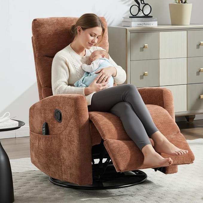 PELUMY 360° Swivel Rocker Recliner with Heat &amp Vibration Massage Glider Rocking Chair for Adults Compact Recliner for Living Room Small Spaces Nursery Bedroom (Chenille Orange)