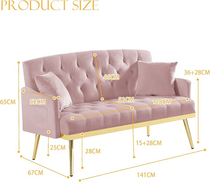 Antetek Upholstered Velvet Loveseat Sofa Modern Small Couch with Side Pocket and Golden Metal Legs Tufted Leisure Sofa for Living Room Bedroom Office Pink