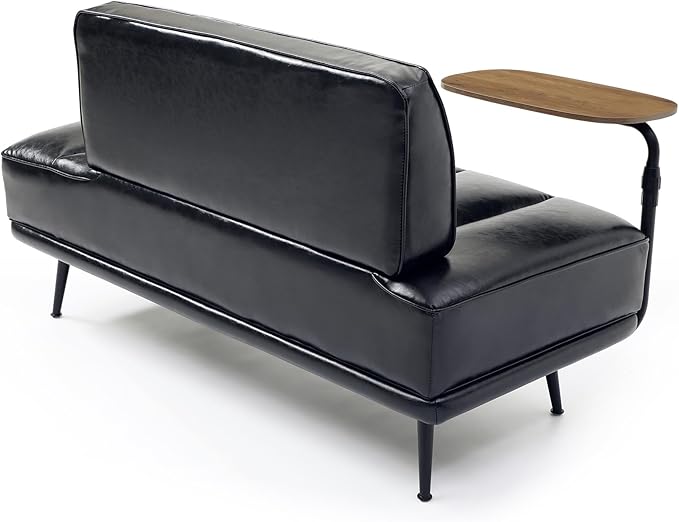 Modern Upholstered End of Bed Bench with 360-Degree Swivel Tray 2 Seater Sofa Couch with Side Table Settee Bench with Metal Legs Backrest for Living RoomEntrywayFoyer (PU-With Tray Black)