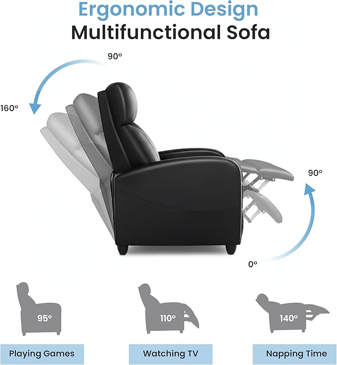 Simple Deluxe Recliner Chair - Adjustable Push Back PU Leather Recliner Plush Reading Chair &amp Luxe Sofa Chair for Living Room Chairs or Bedroom Chair Single Recliner for Home Theater
