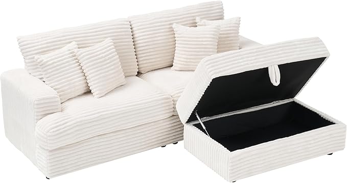 82 Inches Corduroy Square Arms Loveseat Sofa with One Storage Ottoman Comfy Deep Seat Modular Sectional Futon Couch with 4 Throw Pillows for Living Room Bedroom Office (White)