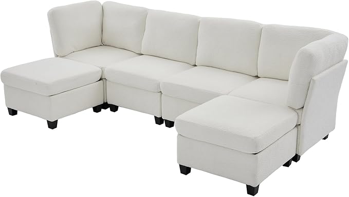 113 U Shaped Modular Sectional Sofa Couch with Storage Ottoman 6 Seat Convertible Upholstered Deep Seat Sleeper Sofa with Chaise Lounge Cloud Couch for Living Room White