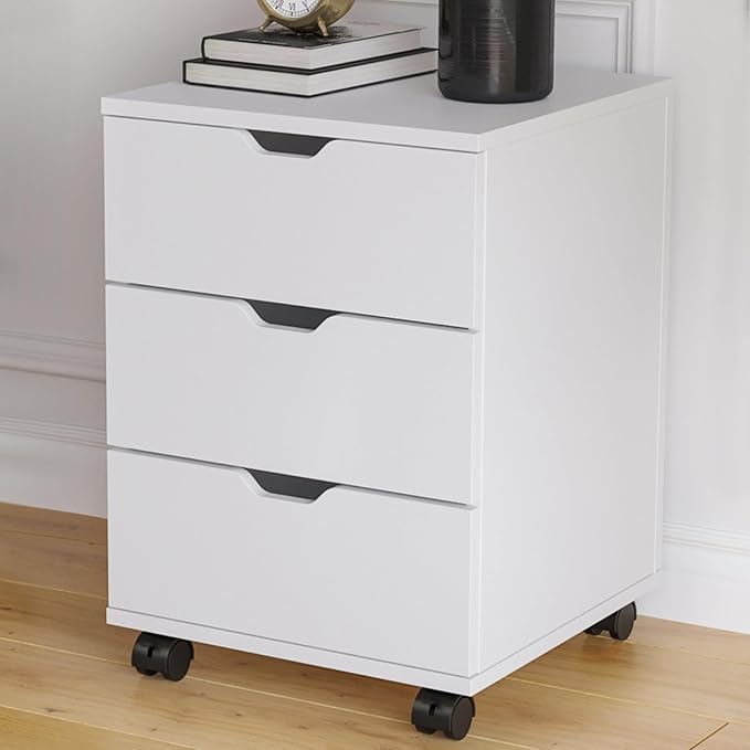 Hassyee 3-Drawer Vertical Filing Cabinet with Compact Storage Solution Rolling Wood Mobile File Cabinets with Four Casters for Home and Office (White)