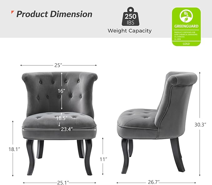 HULALA Home Velvet Accent Chair Set of 2 Modern Upholstered Fabric Armless Wingback Chair with Solid Wood Legs Comfy Tufted Vanity Club Chair for Reading Living Room Bedroom Guest Room Grey