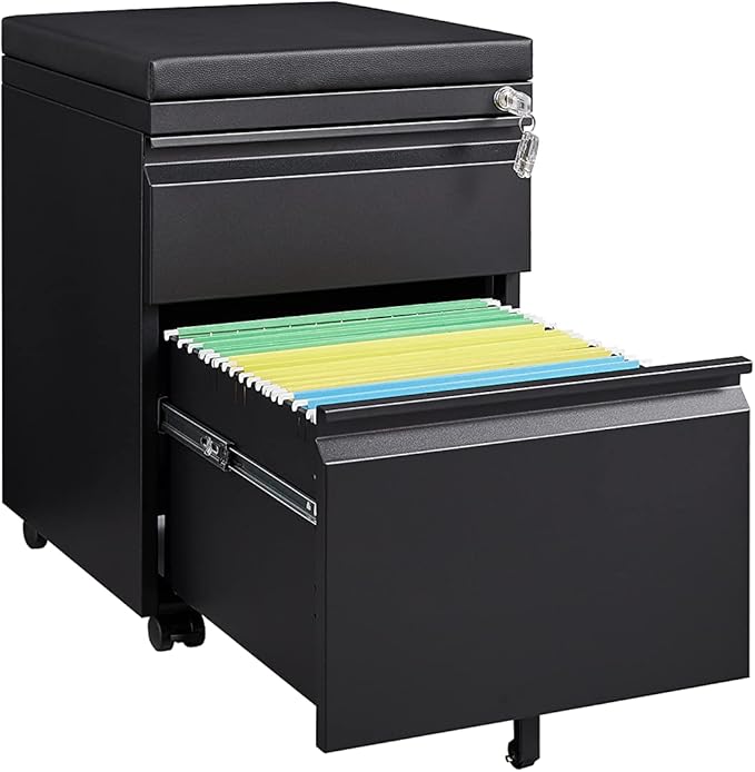 Mobile File Cabinet 2-Drawer Pedestal with Lock for Storage Use for Home Office and Business EnterpriseLegal/Letter Size Blackwith 5 Wheelswith Leather Cushion