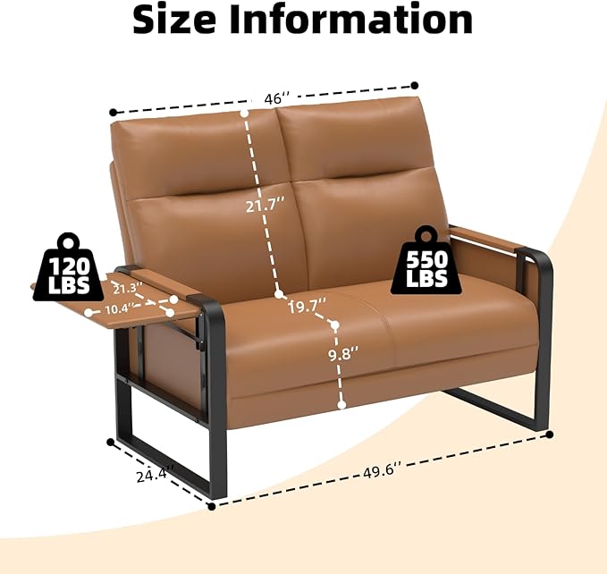 Modern Leather Loveseat Small Sofa with Side Tray &amp Pocket Upholstered Mini Couch for Living Room Office Guest Room Brown