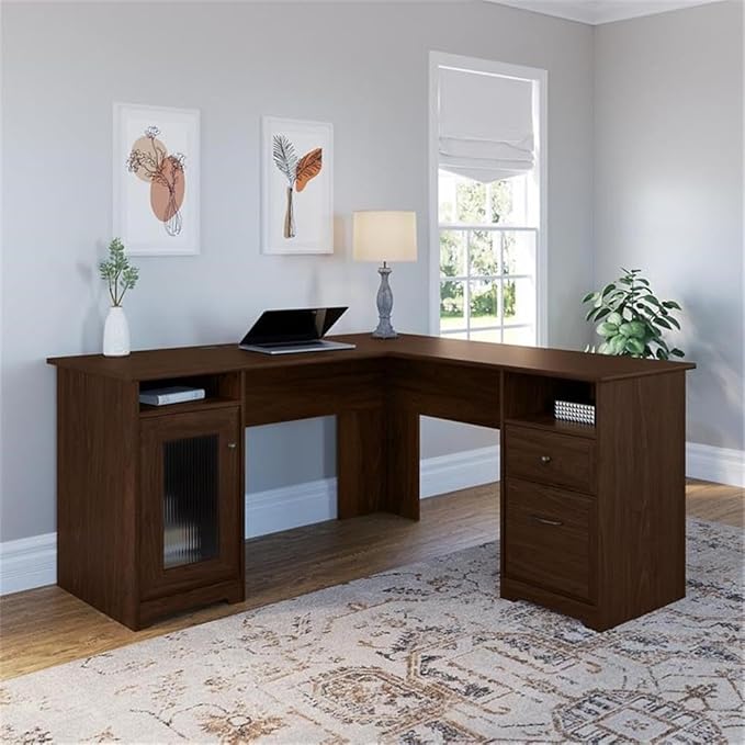 Pemberly Row 60W L Shaped Computer Desk Modern Walnut Finish Engineered Wood Built-in USB Hub Fluted Glass Cabinet File Drawer Open Shelves Home Office Corner Desk 59.45 x 59.45 x 30 Inches