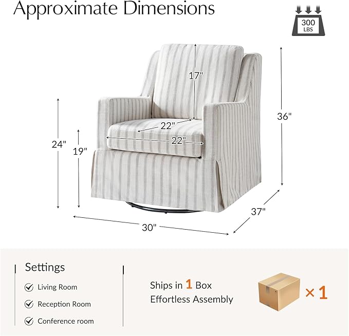 HULALA HOME Swivel Rocker Chair Farmhouse Swivel Rocking Accent Chair with Washable Slipcover Striped Fabric Barrel Armchair with Down Filled Cushions Grey