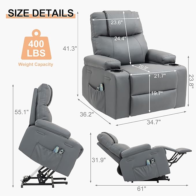 Power Lift Recliner Sofa Chair Electric Stand Assit for Elderly People Leather Reclining Chair with Cup Holders Massage &amp Heat Functions Living Room or Bedroom Furniture for Resting Gray