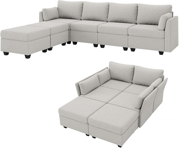 114.17 Modular Sectional Sofa 6 Seat Sectional Couches with Storage Memory Foam Convertible Modular Couch for Living Room U Shaped Comfy Modular Sofa with Chaise Light Grey