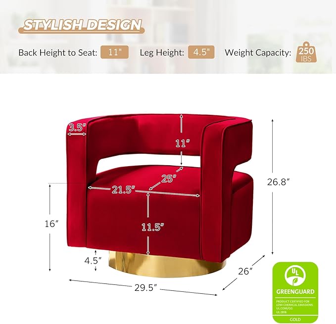 TINA'S HOME Swivel Accent Barrel Chair Modern Velvet Armchair with 3D Curved Open Back &amp Swivel Gold Metal Base Upholstered Club Chair for Living Room Bedroom Nursery Red(No Assembly Required)