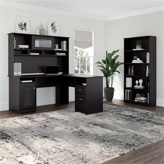 Bush Home Cabot 60W L Shaped Computer Desk with Hutch and 5 Shelf Bookcase in Espresso Oak
