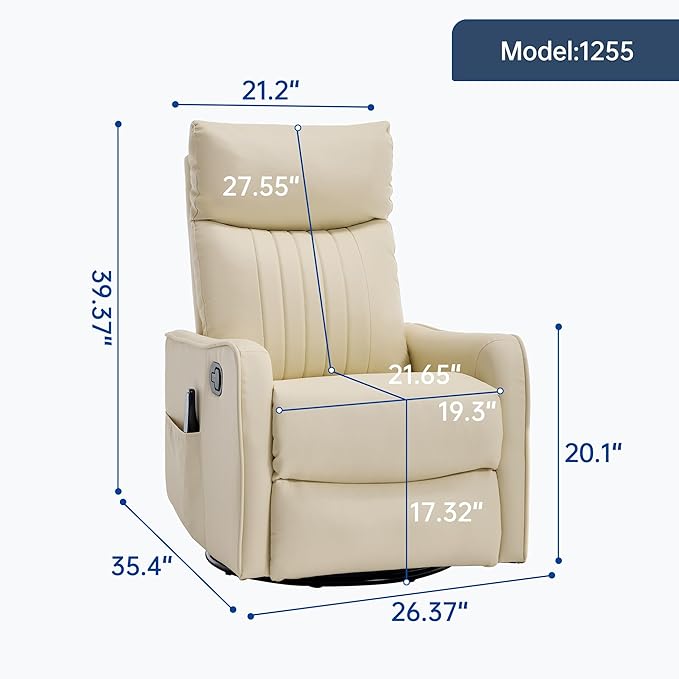 PELUMY 360 Swivel Rocking Recliner Chair for Adults Nursery Rocking Chair with Heat and Massage Glider Reclining Chair for Small Space Living Room Bedroom (Breathable Leather Creamy Beige)