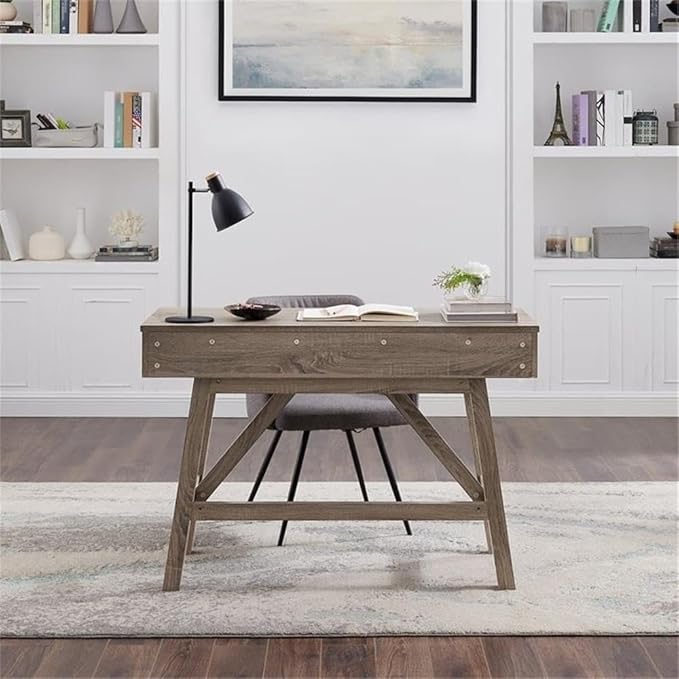 Allora Transitional Wood Home Office Desk Gray Wash Finish 47.13 W x 21.25 D x 31.13 H 2 Drawer Design Compact Modern Rustic Style for Small Spaces Sturdy MDF and Particle Board Construction
