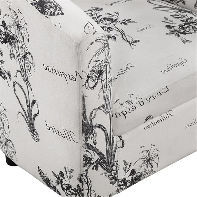 Pemberly Row Accent Chair with Ottoman White Polyester Fabric with Black Botanical Print High-Density Foam Cushions Solid Rubberwood Legs Barrel Design for Living Room or Small Space Use