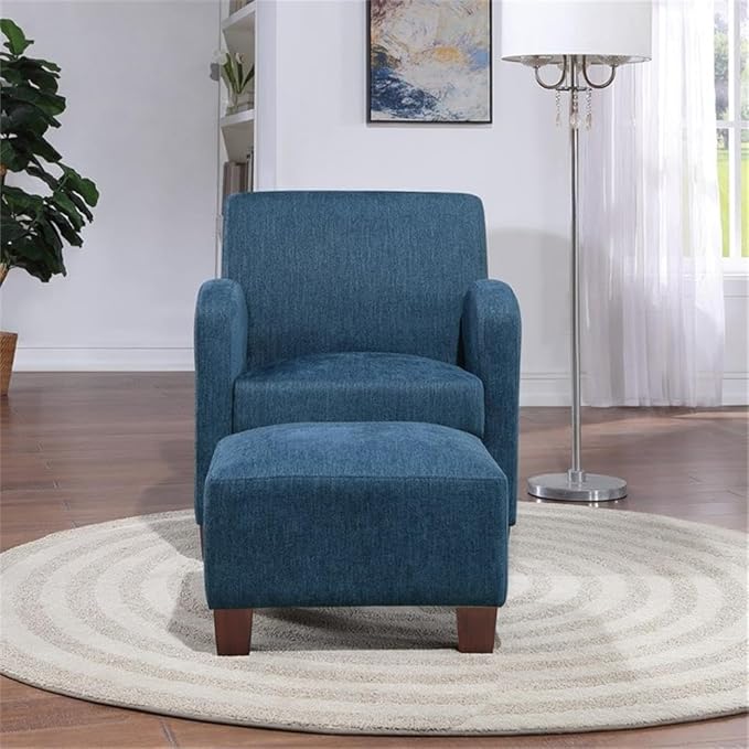 Pemberly Row Accent Chair &amp Ottoman Navy Blue Herringbone Fabric Medium Espresso Legs Double Stitch Detail Padded Seat with Foam and Spring Support 29.25 W x 32 D x 35 H Living Room Seati